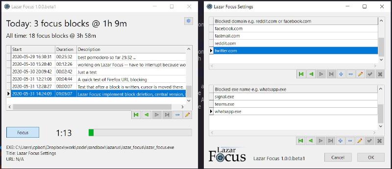 Figure 2: Screenshot of Lazar Focus 1.0.0.beta1, main window on the left, settings dialog on the right.