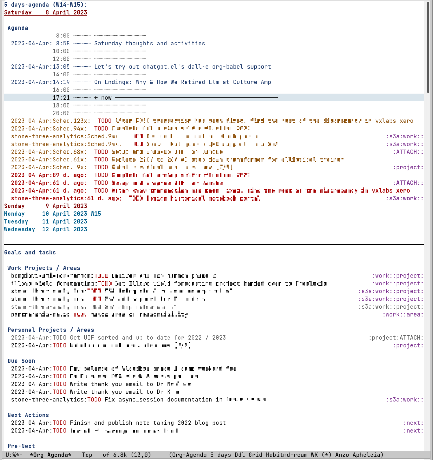 Figure 3: Semi-anonymised screenshot of my org-agenda on 2023-04-09