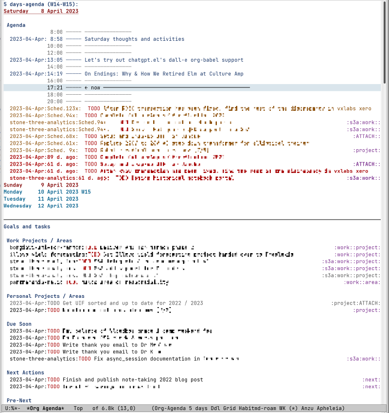 Figure 3: Semi-anonymised screenshot of my org-agenda on 2023-04-09