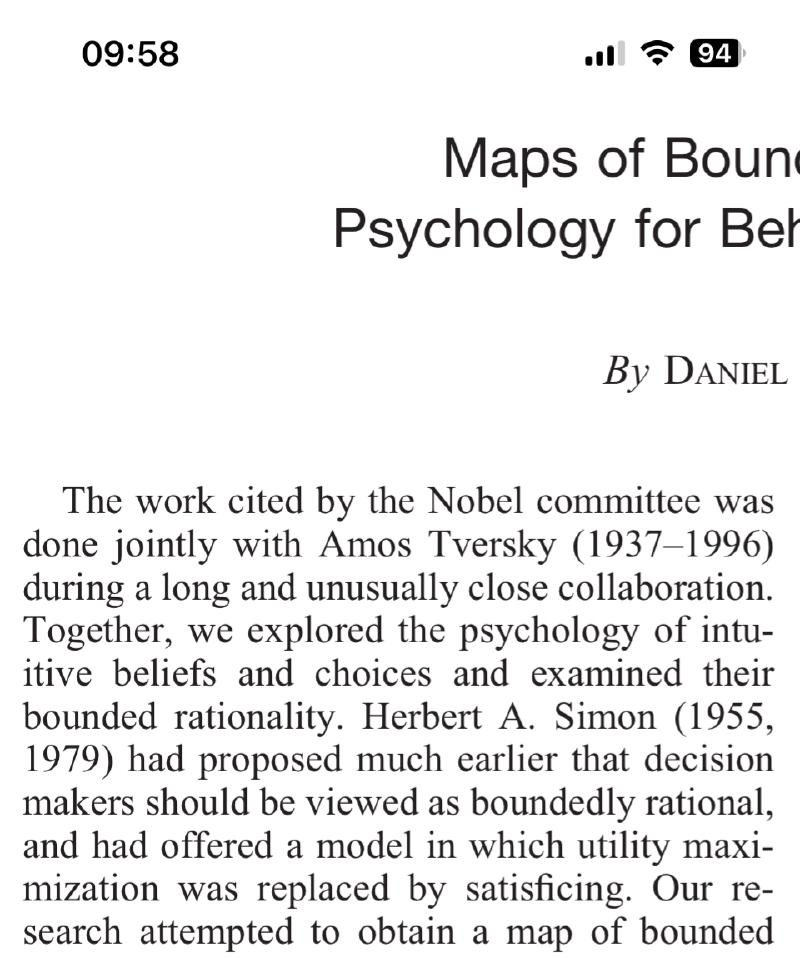 Figure 3: Vertically partial screenshot of Omnivore during PDF column zoom. Maps of Bounded Reality is a piece by the great Daniel Kahneman (1934-03-05 - 2024-03-27, rest in peace) which gives an overview of his and Amos Tversky’s groundbreaking work making sense of human behaviour.