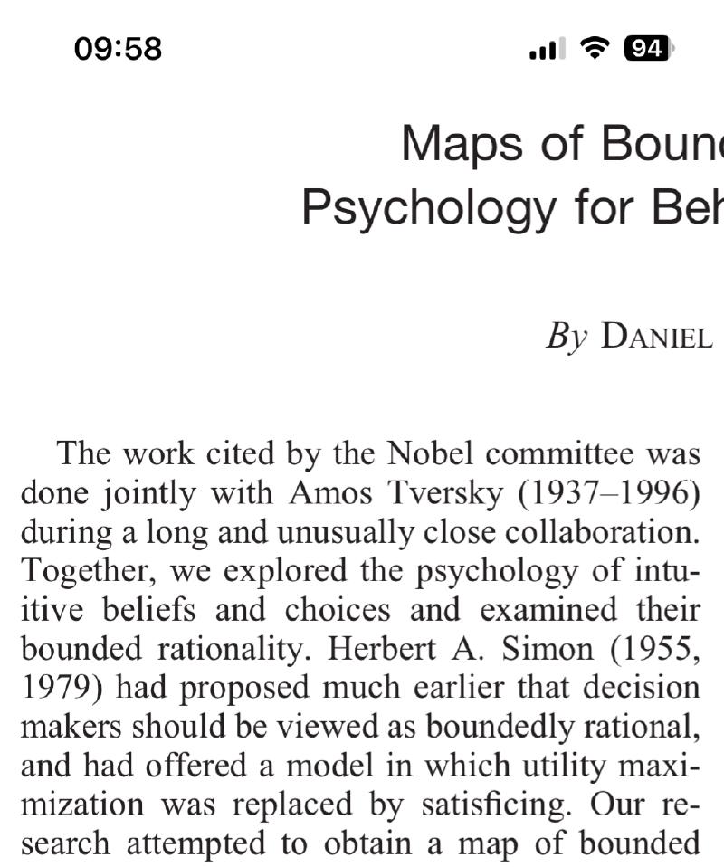 Figure 3: Vertically partial screenshot of Omnivore during PDF column zoom. Maps of Bounded Reality is a piece by the great Daniel Kahneman (1934-03-05 - 2024-03-27, rest in peace) which gives an overview of his and Amos Tversky&rsquo;s groundbreaking work making sense of human behaviour.