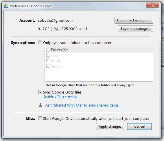 Google Drive preferences dialog.