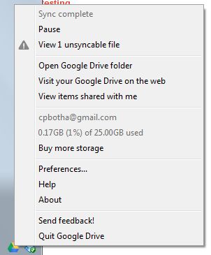 Google Drive systray context menu.