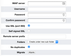 IMAP migration configuration dialog