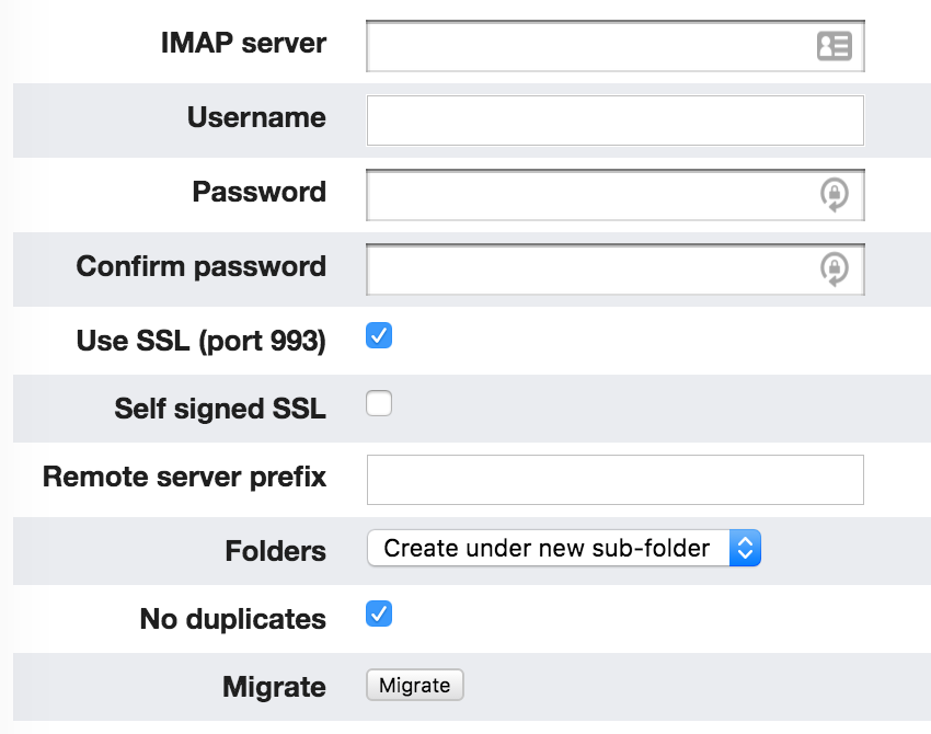 IMAP migration configuration dialog