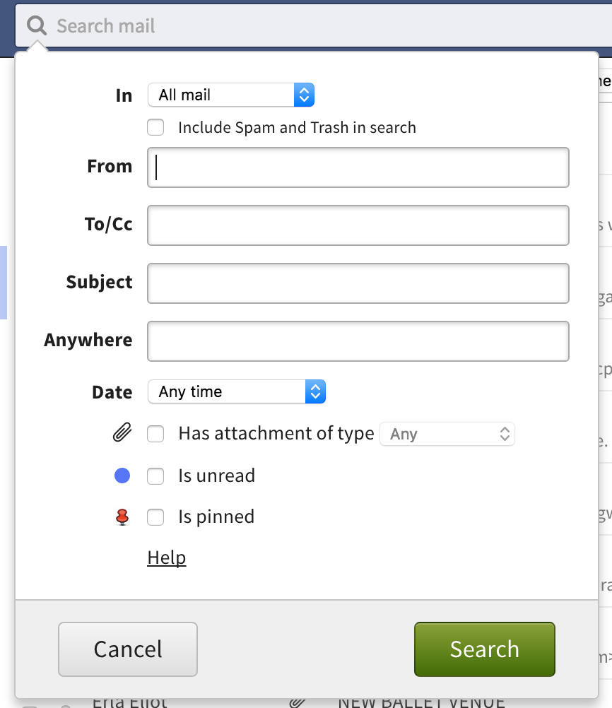 FastMail advanced search interface