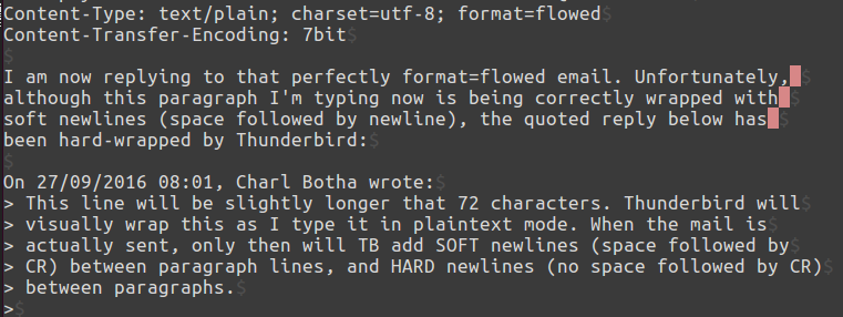 TB 45.3.0 hard wraps a quoted reply in format=flowed mode. Naughty Thunderbird!
