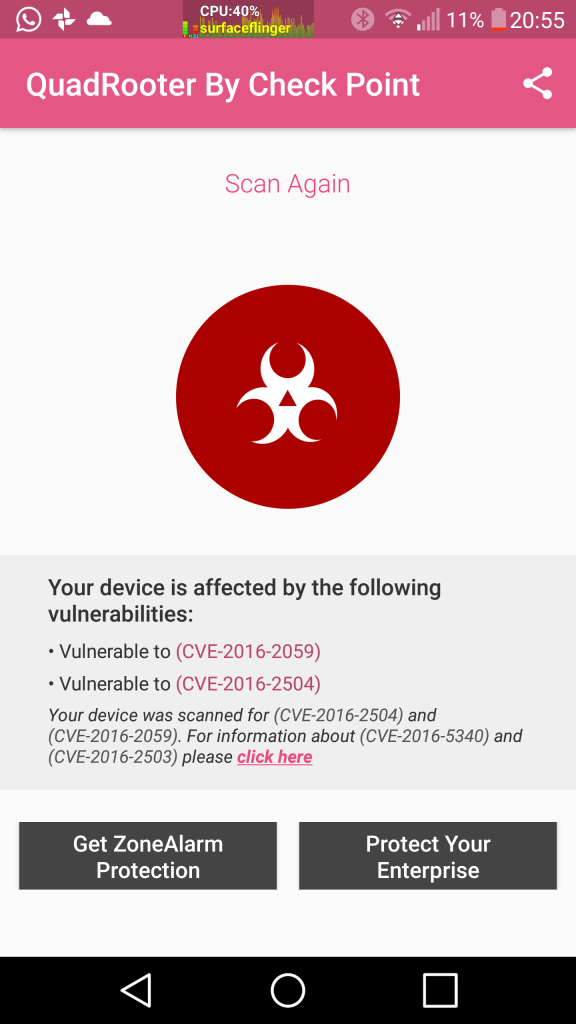 LG G3 with Marshmallow and Android security patch level 2016-03 is vulnerable to QuadRooter.