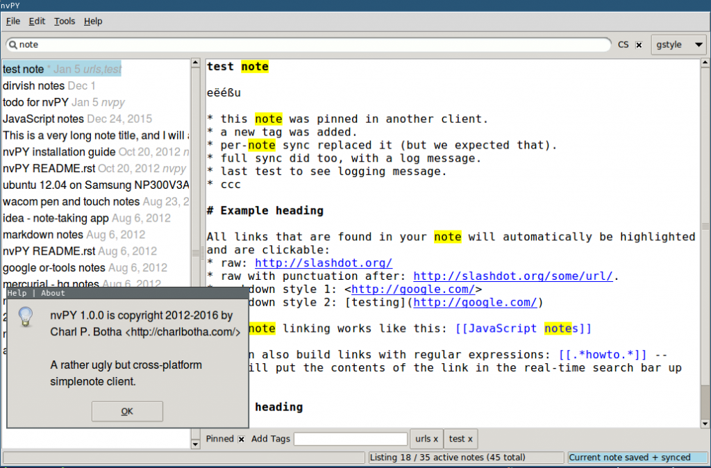 Screenshot of nvpy 1.0.0 with a demo database of notes.