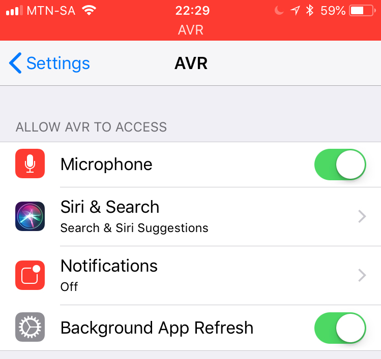 AVR is recording in the background, so iOS shows this red bar at the top. If you tap on the red bar, it will switch to the app which is recording. This is related to the blue bar for location, and the green bar for ongoing phone calls.